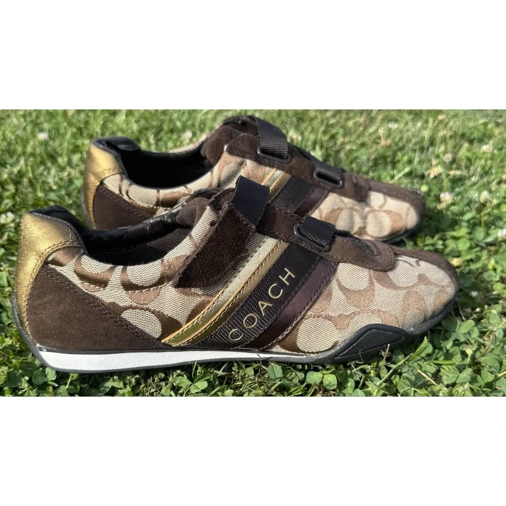 Coach Women's Signature Canvas Hook & Loop Sneakers Brown Khaki Logo Shoes